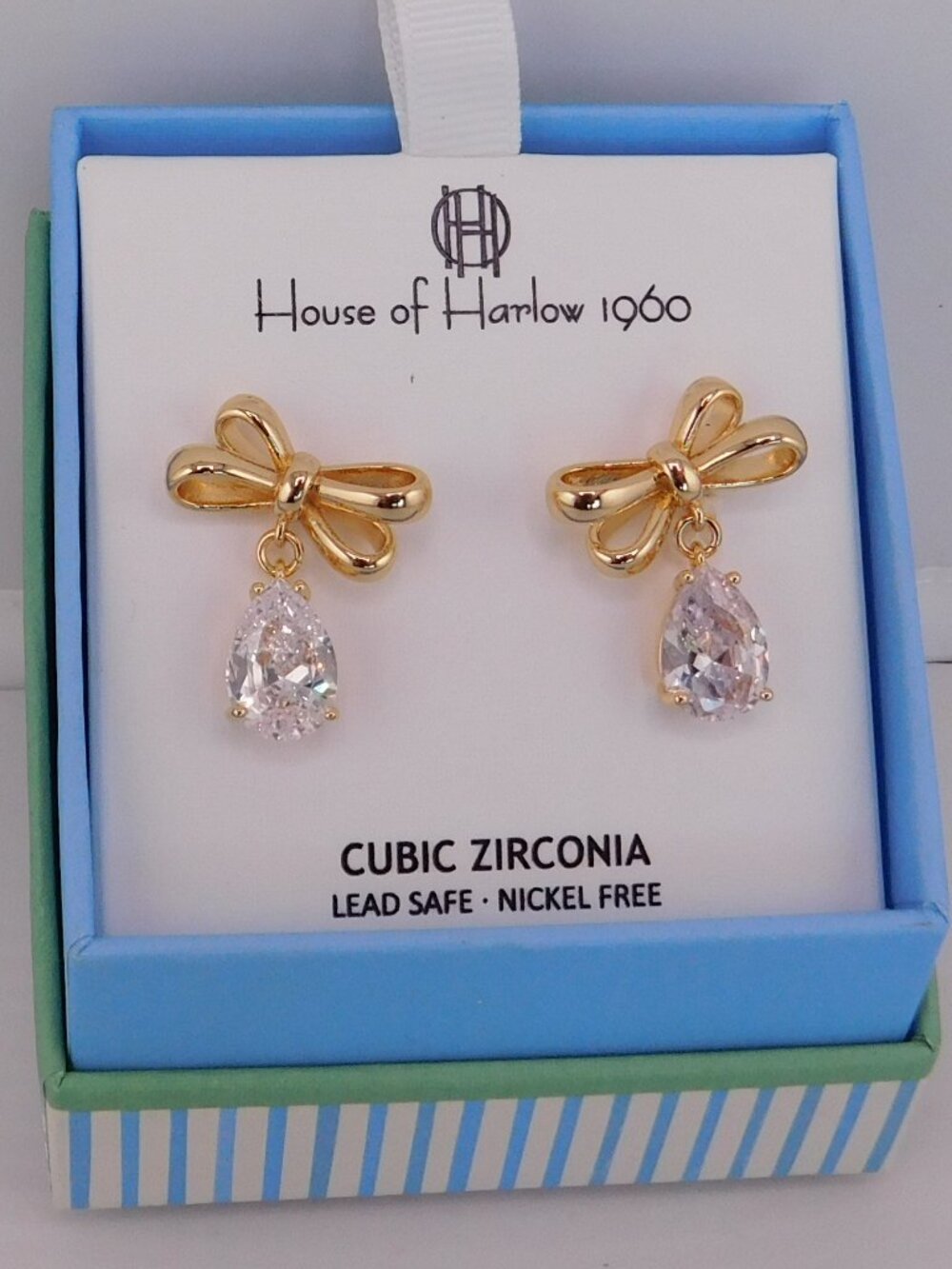 House of Harlow 1960 Cubic Zirconia Gold Bow Tie Drop Dangle Earrings NIB